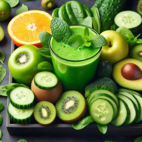 An AI generated image of a Green Fruit Smoothies for Weight Loss on a wooden try surrounded by an assortment of fresh fruits.