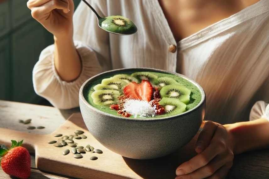 Image of a woman eating a hydration Hero Bowl, to nourish her skin health.