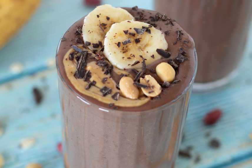 An image of a chocolate peanut butter banana smoothie a variation on the The Peanut Butter Banana Smoothie Story.