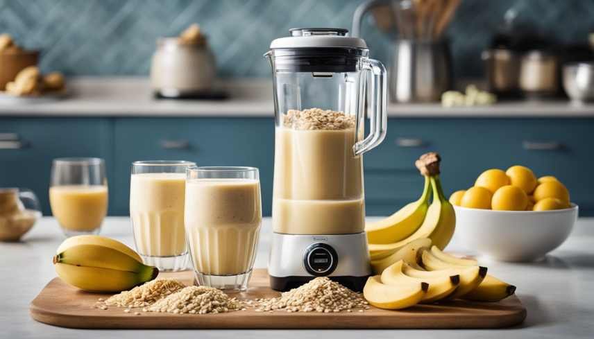 A Banana Oatmeal Smoothie with the ingredients scattered about.