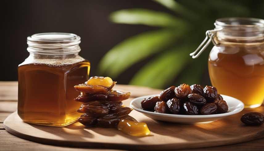 Natural sweeteners, a pot of honey, jar of maple syrup and a plate of dates.