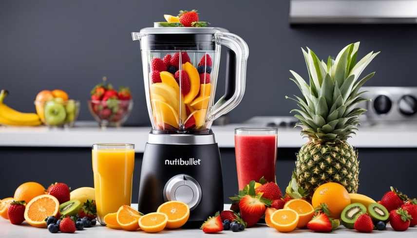 A nutribullet personal blender on a kitchen bench surrounded by tropical fruit.