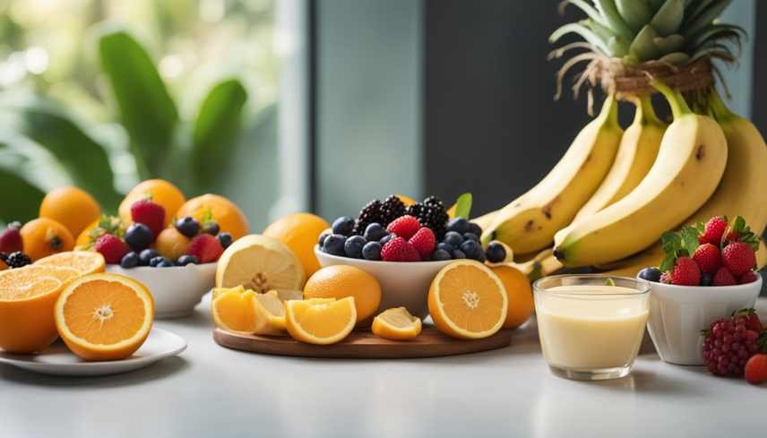 An assortment of mixed fruits on a white bench top.